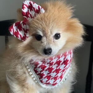 Tweed Dog Bandana & Head Bow Red and White with Pearls Classic Pet Neckerchief